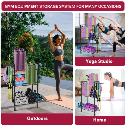 Yoga Mat Storage, Gym Equipment Storage, Cart for Organizing Workout Room, Home Gym Storage with Hooks and Wheels